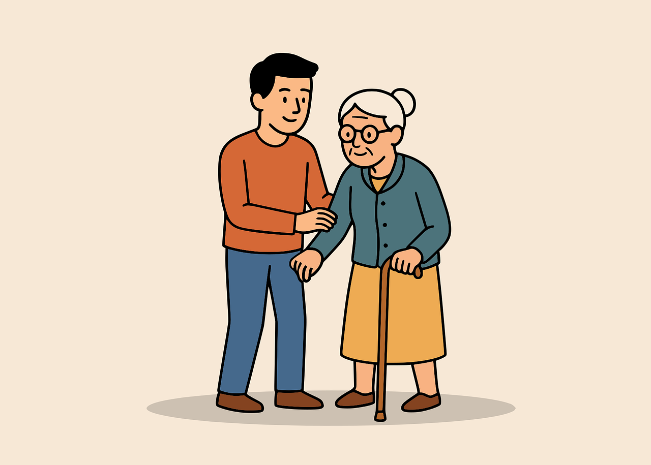 caregiver, assistance, support, helping, older woman, senior, young man, walking, cane, intergenerational, relationship, family, kindness, empathy, cartoon, together, aid, health, wellness, elder care